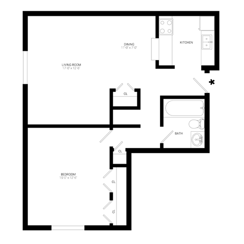 Floor plan for 1 bed, 1 bath, 759 sqft